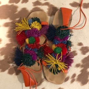 Zara Multi-Color Pom Pom Lace Up Sandal
